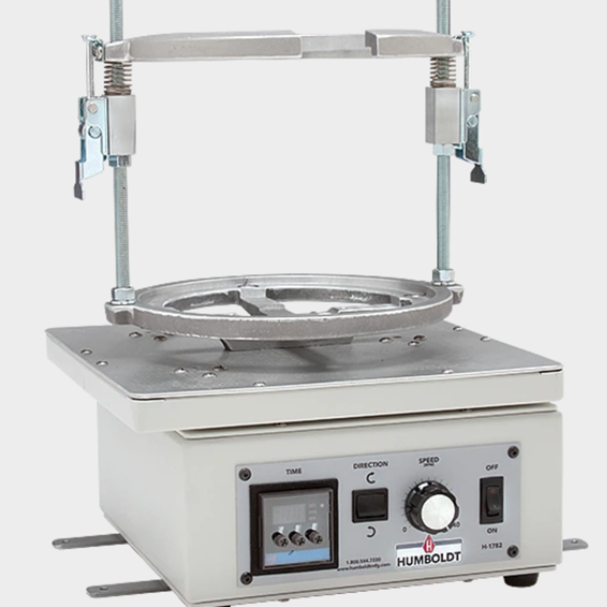 Orbital De-Airing Device Supports the following standards: ASTM D2041  The Humboldt orbital de-airing device is designed for use in maximum specific gravity and density determinations of bituminous paving mixtures. It can also be used as an agitator in Rice testing to keep sample material loose during the test. Through the use of an orbital shaking action, material densification that entraps air is virtually eliminated, resulting in more accurate and uniform test results. The front panel incorporates a variable speed controller with a range of 10 to 250 rpm and an LED programmable timer with an accuracy of better than ±0.1%. The orbital diameter of the 11