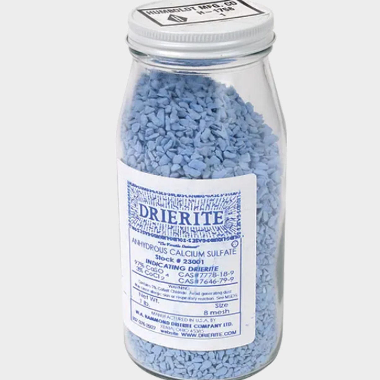 Supports the following standards: ASTM D4643, ASTM D854, ASTM D4  Indicating drierite is impregnated with cobalt chloride. This desiccant is blue when dru and changes to pink upon absorption of moisture. The color change is pronounced and clearly visible. This makes indicating drierite valuable when it is necessary to know with certainty that dryness is being maintained and to signal when the drying agent should be replaced. It has the same efficiency as regular drierite and can be regenerarted for reuse.